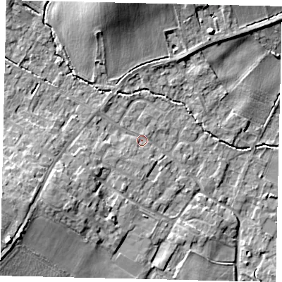 Shaded relief map of the ground around MK443LB, computed from Environment Agency LiDAR. The ground here sits at about 22 m above sea level and falls 13 m across the surrounding 800 m. Surface water reaching this point runs off ground lying to the south-west, 10.9 m higher.