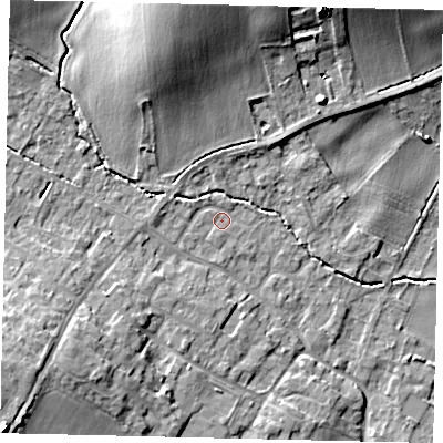 Shaded relief map of the ground around MK443LD, computed from Environment Agency LiDAR. The ground here sits at about 22 m above sea level and falls 15 m across the surrounding 800 m. Surface water reaching this point runs off ground lying to the west, 1.4 m higher.