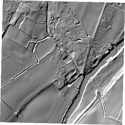 Shaded relief map of the ground around MK443LF, computed from Environment Agency LiDAR. The ground here sits at about 21 m above sea level and falls 11 m across the surrounding 800 m. Surface water reaching this point runs off ground lying to the west, 2.4 m higher.