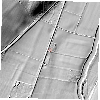 Shaded relief map of the ground around MK443LH, computed from Environment Agency LiDAR. The ground here sits at about 20 m above sea level and falls 21 m across the surrounding 800 m. Surface water reaching this point runs off ground lying to the west-north-west, 1.3 m higher.