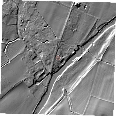 Shaded relief map of the ground around MK443LQ, computed from Environment Agency LiDAR. The ground here sits at about 20 m above sea level and falls 11 m across the surrounding 800 m. Surface water reaching this point runs off ground lying to the north, 1.6 m higher.