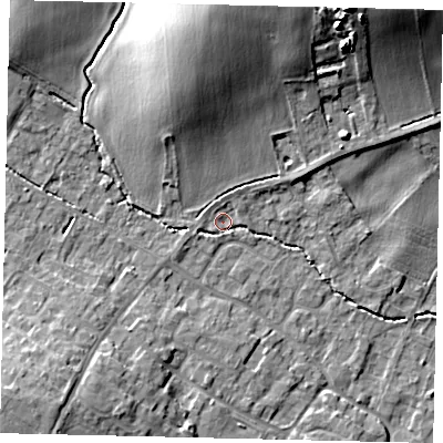 Shaded relief map of the ground around MK443LS, computed from Environment Agency LiDAR. The ground here sits at about 22 m above sea level and falls 19 m across the surrounding 800 m. Surface water reaching this point runs off ground lying to the north-north-east, 17.6 m higher.