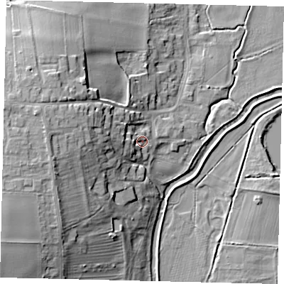 Shaded relief map of the ground around MK443NJ, computed from Environment Agency LiDAR. The ground here sits at about 23 m above sea level and falls 17 m across the surrounding 800 m. Surface water reaching this point runs off ground lying to the west, 5.3 m higher.