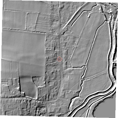 Shaded relief map of the ground around MK443NN, computed from Environment Agency LiDAR. The ground here sits at about 20 m above sea level and falls 16 m across the surrounding 800 m. Surface water reaching this point runs off ground lying to the west-south-west, 3.7 m higher.