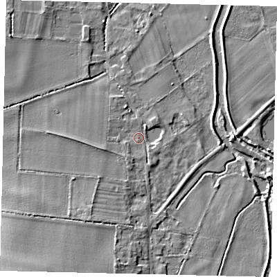 Shaded relief map of the ground around MK443NS, computed from Environment Agency LiDAR. The ground here sits at about 19 m above sea level and falls 9 m across the surrounding 800 m. Surface water reaching this point runs off ground lying to the south-south-west, 1.9 m higher.