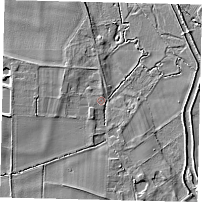 Shaded relief map of the ground around MK443NT, computed from Environment Agency LiDAR. The ground here sits at about 20 m above sea level and falls 6 m across the surrounding 800 m. Surface water reaching this point runs off ground lying to the west, 3.5 m higher.