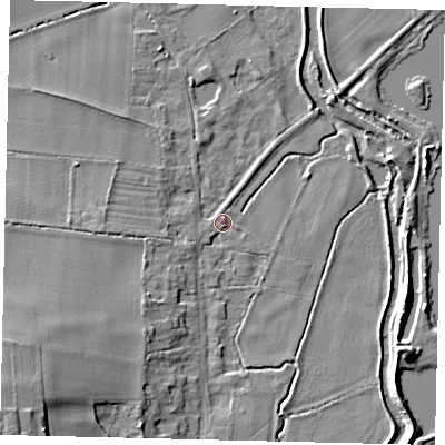 Shaded relief map of the ground around MK443NU, computed from Environment Agency LiDAR. The ground here sits at about 19 m above sea level and falls 15 m across the surrounding 800 m. Surface water reaching this point runs off ground lying to the south-west, 14.2 m higher.