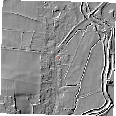 Shaded relief map of the ground around MK443NW, computed from Environment Agency LiDAR. The ground here sits at about 19 m above sea level and falls 16 m across the surrounding 800 m. Surface water reaching this point runs off ground lying to the south-west, 14.7 m higher.