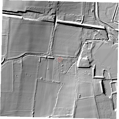 Shaded relief map of the ground around MK443PD, computed from Environment Agency LiDAR. The ground here sits at about 24 m above sea level and falls 18 m across the surrounding 800 m. Surface water reaching this point runs off ground lying to the north-west, 13.8 m higher.