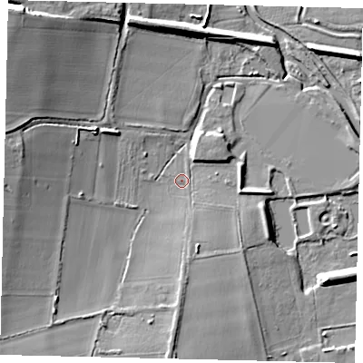 Shaded relief map of the ground around MK443PH, computed from Environment Agency LiDAR. The ground here sits at about 23 m above sea level and falls 17 m across the surrounding 800 m. Surface water reaching this point runs off ground lying to the south-south-east, 4.2 m higher.