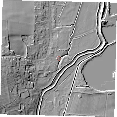Shaded relief map of the ground around MK443PL, computed from Environment Agency LiDAR. The ground here sits at about 20 m above sea level and falls 15 m across the surrounding 800 m. Surface water reaching this point runs off ground lying to the west-south-west, 14.8 m higher.
