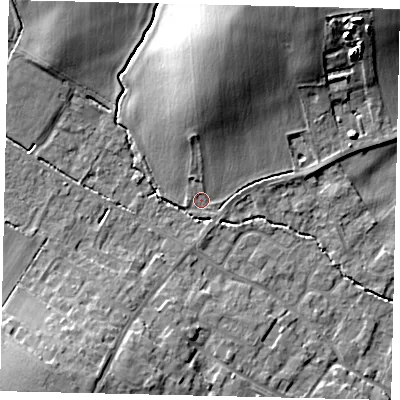 Shaded relief map of the ground around MK443PW, computed from Environment Agency LiDAR. The ground here sits at about 23 m above sea level and falls 19 m across the surrounding 800 m. Surface water reaching this point runs off ground lying to the north, 13.7 m higher.