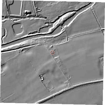 Shaded relief map of the ground around MK443QR, computed from Environment Agency LiDAR. The ground here sits at about 23 m above sea level and falls 8 m across the surrounding 800 m. Surface water reaching this point runs off ground lying to the south-east, 1.8 m higher.
