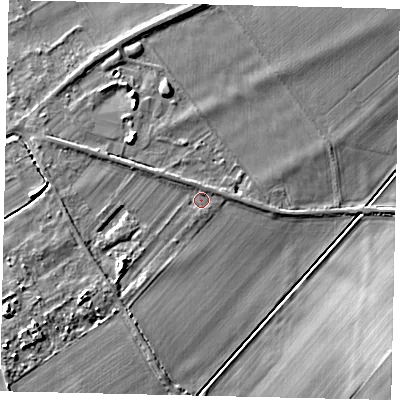 Shaded relief map of the ground around MK443QS, computed from Environment Agency LiDAR. The ground here sits at about 24 m above sea level and falls 8 m across the surrounding 800 m. Surface water reaching this point runs off ground lying to the north-north-west, 1.2 m higher.