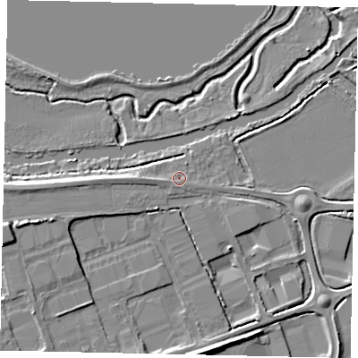 Shaded relief map of the ground around MK443SA, computed from Environment Agency LiDAR. The ground here sits at about 26 m above sea level and falls 8 m across the surrounding 800 m. Surface water reaching this point runs off ground lying to the south-west, 1.1 m higher.