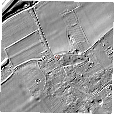 Shaded relief map of the ground around MK443SS, computed from Environment Agency LiDAR. The ground here sits at about 26 m above sea level and falls 11 m across the surrounding 800 m. Surface water reaching this point runs off ground lying to the south-south-west, 2.6 m higher.