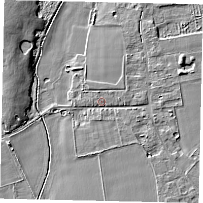 Shaded relief map of the ground around MK443TT, computed from Environment Agency LiDAR. The ground here sits at about 26 m above sea level and falls 9 m across the surrounding 800 m. Surface water reaching this point runs off ground lying to the south-east, 2.2 m higher.