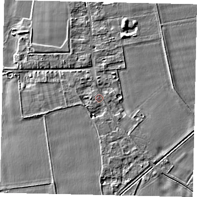 Shaded relief map of the ground around MK443TU, computed from Environment Agency LiDAR. The ground here sits at about 26 m above sea level and falls 5 m across the surrounding 800 m. Surface water reaching this point runs off ground lying to the south-south-west, 2.0 m higher.
