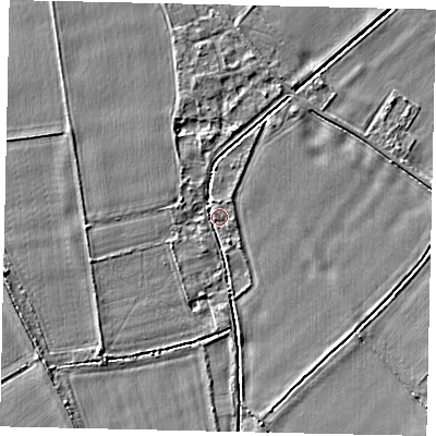 Shaded relief map of the ground around MK443TY, computed from Environment Agency LiDAR. The ground here sits at about 26 m above sea level and falls 4 m across the surrounding 800 m. Surface water reaching this point runs off ground lying to the south-west, 2.4 m higher.