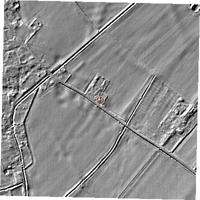 Shaded relief map of the ground around MK443UA, computed from Environment Agency LiDAR. The ground here sits at about 26 m above sea level and falls 4 m across the surrounding 800 m. Surface water reaching this point runs off ground lying to the south-east, 2.2 m higher.