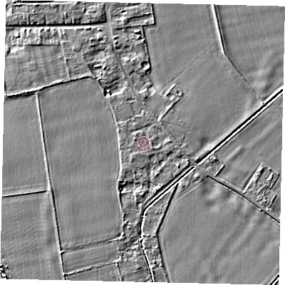 Shaded relief map of the ground around MK443UE, computed from Environment Agency LiDAR. The ground here sits at about 26 m above sea level and falls 3 m across the surrounding 800 m. Surface water reaching this point runs off ground lying to the north-west, 0.6 m higher.