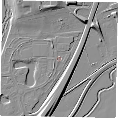 Shaded relief map of the ground around MK443WH, computed from Environment Agency LiDAR. The ground here sits at about 25 m above sea level and falls 12 m across the surrounding 800 m. Surface water reaching this point runs off ground lying to the east-south-east, 0.9 m higher.