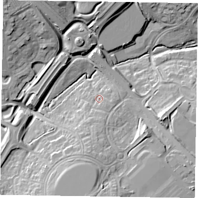 Shaded relief map of the ground around MK44DH, computed from Environment Agency LiDAR. The ground here sits at about 101 m above sea level and falls 24 m across the surrounding 800 m. Surface water reaching this point runs off ground lying to the south, 5.6 m higher.