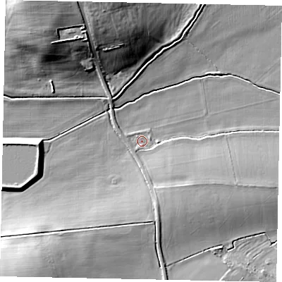 Shaded relief map of the ground around MK451AD, computed from Environment Agency LiDAR. The ground here sits at about 72 m above sea level and falls 22 m across the surrounding 800 m. Surface water reaching this point runs off ground lying to the north-west, 19.0 m higher.