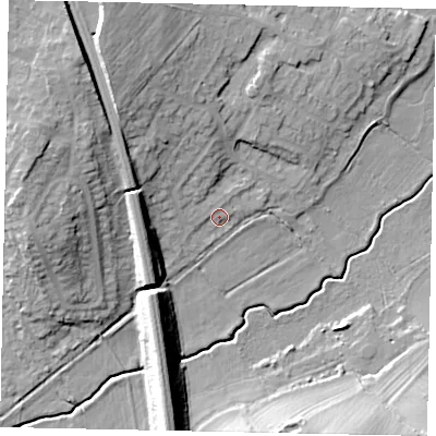 Shaded relief map of the ground around MK451LL, computed from Environment Agency LiDAR. The ground here sits at about 66 m above sea level and falls 18 m across the surrounding 800 m. Surface water reaching this point runs off ground lying to the north-west, 13.3 m higher.