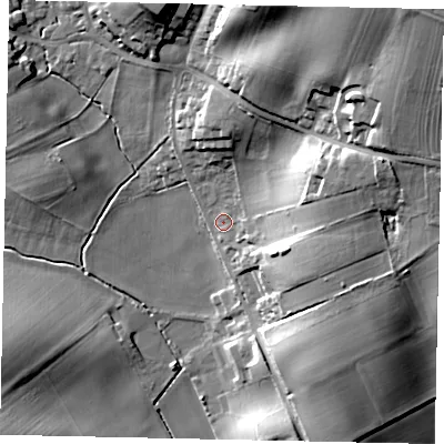 Shaded relief map of the ground around MK452AX, computed from Environment Agency LiDAR. The ground here sits at about 68 m above sea level and falls 32 m across the surrounding 800 m. Surface water reaching this point runs off ground lying to the east-north-east, 15.9 m higher.
