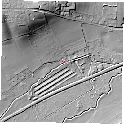 Shaded relief map of the ground around MK452BD, computed from Environment Agency LiDAR. The ground here sits at about 56 m above sea level and falls 34 m across the surrounding 800 m. Surface water reaching this point runs off ground lying to the north-north-west, 29.6 m higher.
