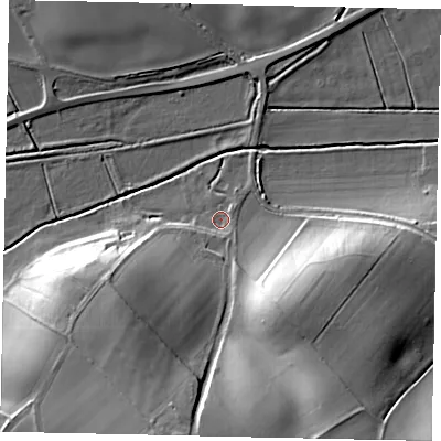 Shaded relief map of the ground around MK452BE, computed from Environment Agency LiDAR. The ground here sits at about 56 m above sea level and falls 26 m across the surrounding 800 m. Surface water reaching this point runs off ground lying to the south-south-west, 2.9 m higher.