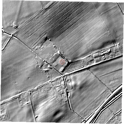 Shaded relief map of the ground around MK452BG, computed from Environment Agency LiDAR. The ground here sits at about 60 m above sea level and falls 14 m across the surrounding 800 m. Surface water reaching this point runs off ground lying to the north-north-west, 2.7 m higher.