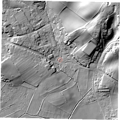 Shaded relief map of the ground around MK452DA, computed from Environment Agency LiDAR. The ground here sits at about 71 m above sea level and falls 36 m across the surrounding 800 m. Surface water reaching this point runs off ground lying to the north-east, 29.1 m higher.