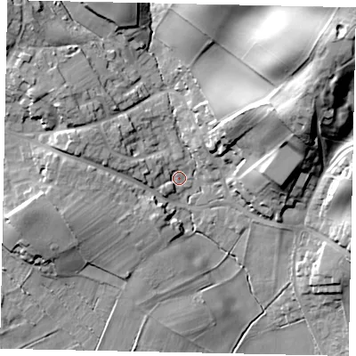 Shaded relief map of the ground around MK452DB, computed from Environment Agency LiDAR. The ground here sits at about 71 m above sea level and falls 34 m across the surrounding 800 m. Surface water reaching this point runs off ground lying to the west-north-west, 6.2 m higher.