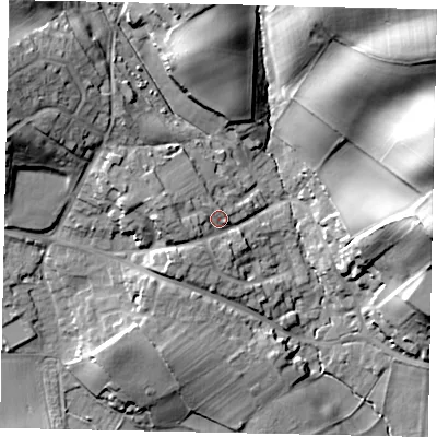 Shaded relief map of the ground around MK452DD, computed from Environment Agency LiDAR. The ground here sits at about 78 m above sea level and falls 28 m across the surrounding 800 m. Surface water reaching this point runs off ground lying to the west-north-west, 6.3 m higher.