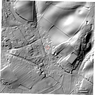 Shaded relief map of the ground around MK452DF, computed from Environment Agency LiDAR. The ground here sits at about 74 m above sea level and falls 34 m across the surrounding 800 m. Surface water reaching this point runs off ground lying to the east-north-east, 14.0 m higher.