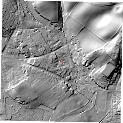 Shaded relief map of the ground around MK452DG, computed from Environment Agency LiDAR. The ground here sits at about 74 m above sea level and falls 33 m across the surrounding 800 m. Surface water reaching this point runs off ground lying to the west, 7.7 m higher.