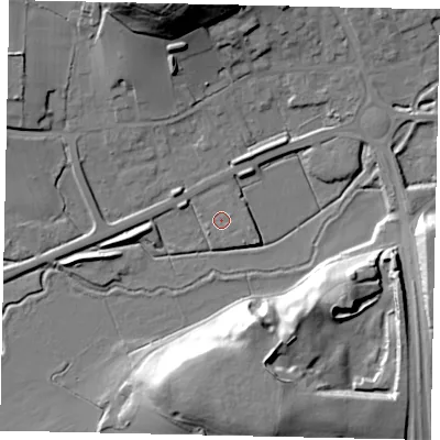 Shaded relief map of the ground around MK452FH, computed from Environment Agency LiDAR. The ground here sits at about 53 m above sea level and falls 30 m across the surrounding 800 m. Surface water reaching this point runs off ground lying to the east-north-east, 1.2 m higher.