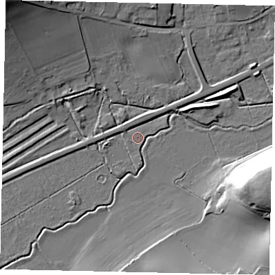 Shaded relief map of the ground around MK452GP, computed from Environment Agency LiDAR. The ground here sits at about 53 m above sea level and falls 25 m across the surrounding 800 m. Surface water reaching this point runs off ground lying to the south, 8.4 m higher.