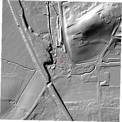 Shaded relief map of the ground around MK452ND, computed from Environment Agency LiDAR. The ground here sits at about 68 m above sea level and falls 22 m across the surrounding 800 m. Surface water reaching this point runs off ground lying to the north-west, 9.8 m higher.