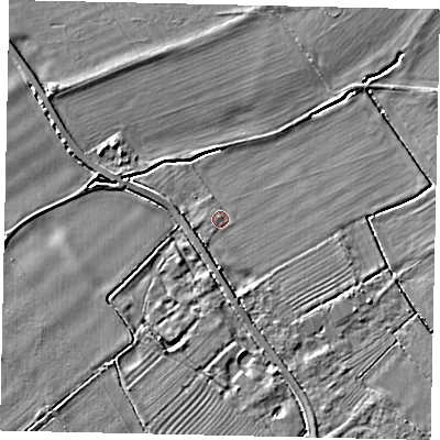 Shaded relief map of the ground around MK453AB, computed from Environment Agency LiDAR. The ground here sits at about 29 m above sea level and falls 4 m across the surrounding 800 m. Surface water reaching this point runs off ground lying to the south-south-west, 0.9 m higher.