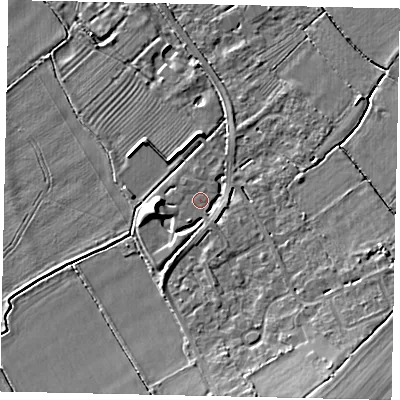 Shaded relief map of the ground around MK453AG, computed from Environment Agency LiDAR. The ground here sits at about 31 m above sea level and falls 8 m across the surrounding 800 m. Surface water reaching this point runs off ground lying to the west, 4.1 m higher.