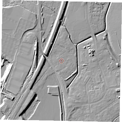 Shaded relief map of the ground around MK453FP, computed from Environment Agency LiDAR. The ground here sits at about 35 m above sea level and falls 14 m across the surrounding 800 m. Surface water reaching this point runs off ground lying to the south, 0.7 m higher.