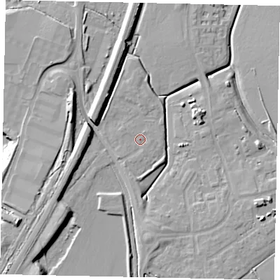 Shaded relief map of the ground around MK453FQ, computed from Environment Agency LiDAR. The ground here sits at about 35 m above sea level and falls 14 m across the surrounding 800 m. Surface water reaching this point runs off ground lying to the south-south-west, 0.7 m higher.