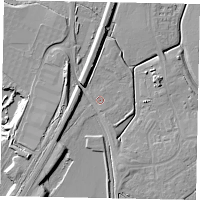 Shaded relief map of the ground around MK453FR, computed from Environment Agency LiDAR. The ground here sits at about 35 m above sea level and falls 14 m across the surrounding 800 m. Surface water reaching this point runs off ground lying to the south, 1.1 m higher.