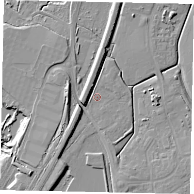 Shaded relief map of the ground around MK453FS, computed from Environment Agency LiDAR. The ground here sits at about 35 m above sea level and falls 14 m across the surrounding 800 m. Surface water reaching this point runs off ground lying to the south-south-east, 0.8 m higher.