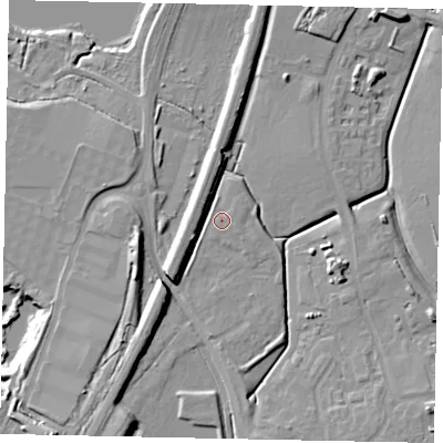 Shaded relief map of the ground around MK453FT, computed from Environment Agency LiDAR. The ground here sits at about 35 m above sea level and falls 14 m across the surrounding 800 m. Surface water reaching this point runs off ground lying to the south-east, 0.8 m higher.