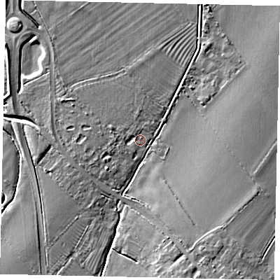 Shaded relief map of the ground around MK453HP, computed from Environment Agency LiDAR. The ground here sits at about 32 m above sea level and falls 9 m across the surrounding 800 m. Surface water reaching this point runs off ground lying to the west-south-west, 2.1 m higher.