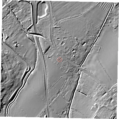 Shaded relief map of the ground around MK453HR, computed from Environment Agency LiDAR. The ground here sits at about 34 m above sea level and falls 11 m across the surrounding 800 m. Surface water reaching this point runs off ground lying to the west-north-west, 0.6 m higher.